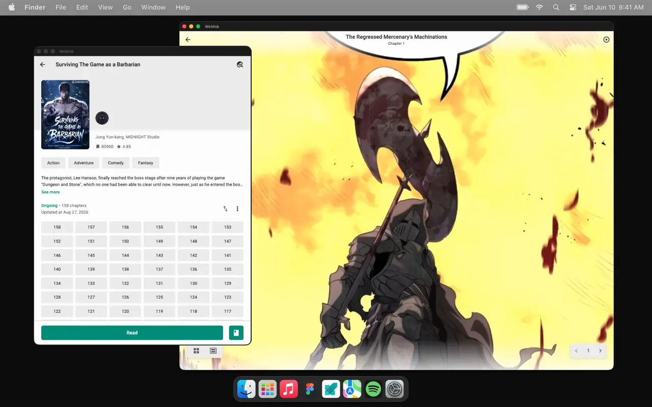 Webink on macOS — Title detail with the chapter list, and a chapter open in the reader